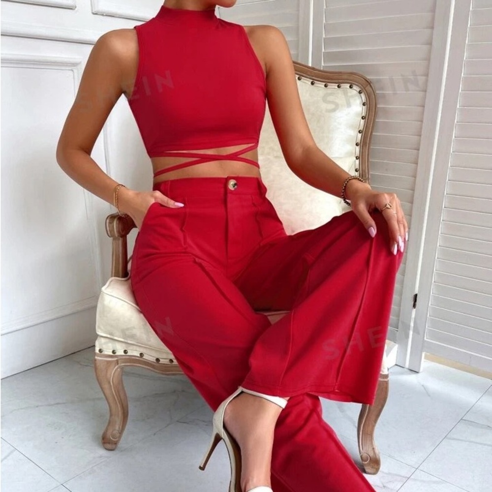 Red crop top pant suit